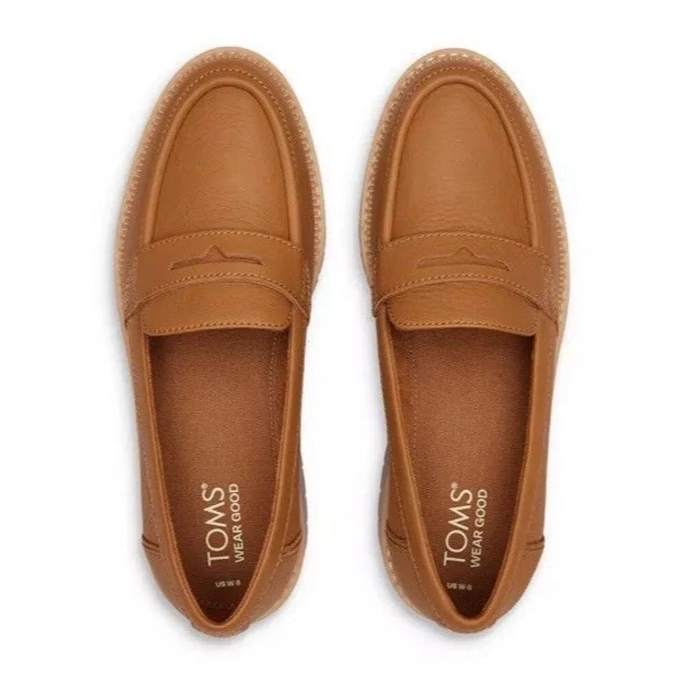 TOMS Cara Slip On Lug Platform Penny Loafers Flats Leather Camel Brown Size 9.5 - Picture 5 of 14